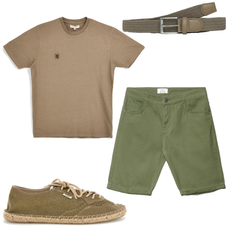 Outfit uomo - Agosto. Stile Casual per Tutti i giorni. Abbinamento con cinture, bermuda, t-shirt, espadrillas.