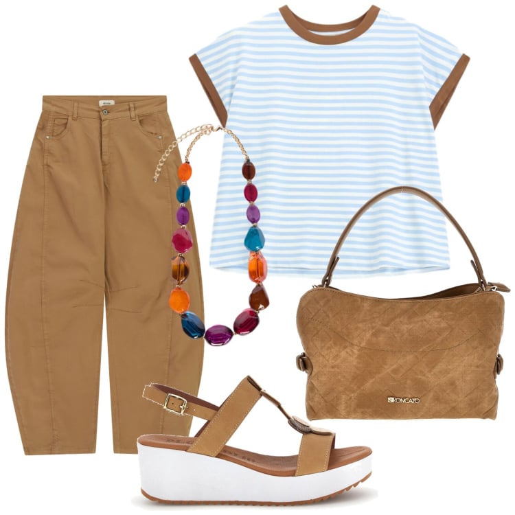 Outfit donna - Total look #2444773. Stile Basic per Tutti i giorni. Abbinamento con top, pantaloni, collane, zeppe, borse a tracolla.