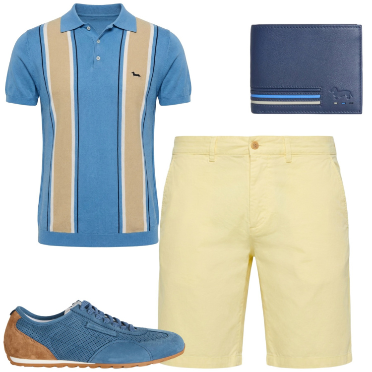 Outfit uomo - Colori accesi. Stile Casual per Tutti i giorni. Abbinamento con sneakers, bermuda, polo, portafogli.