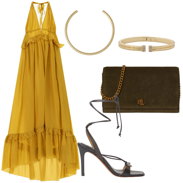 Outfit donna - Total look #2444775. Stile Glamour per Serata fuori. Abbinamento con vestiti lunghi, borse a tracolla, sandali in pelle, braccialetti, collane.