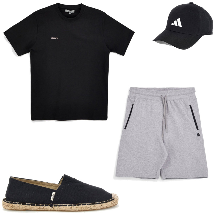 Outfit uomo - Casual style. Stile Casual per Tutti i giorni. Abbinamento con cappelli con visiera, t-shirt, shorts, espadrillas.