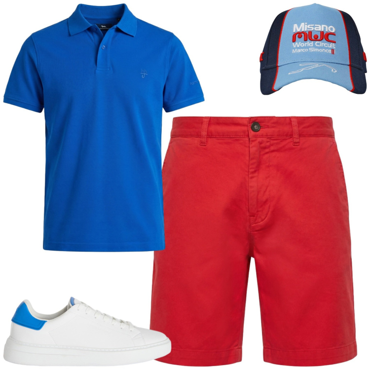 Outfit uomo - Colori accesi. Stile Casual per Tutti i giorni. Abbinamento con sneakers, pantaloni corti, polo, cappelli.