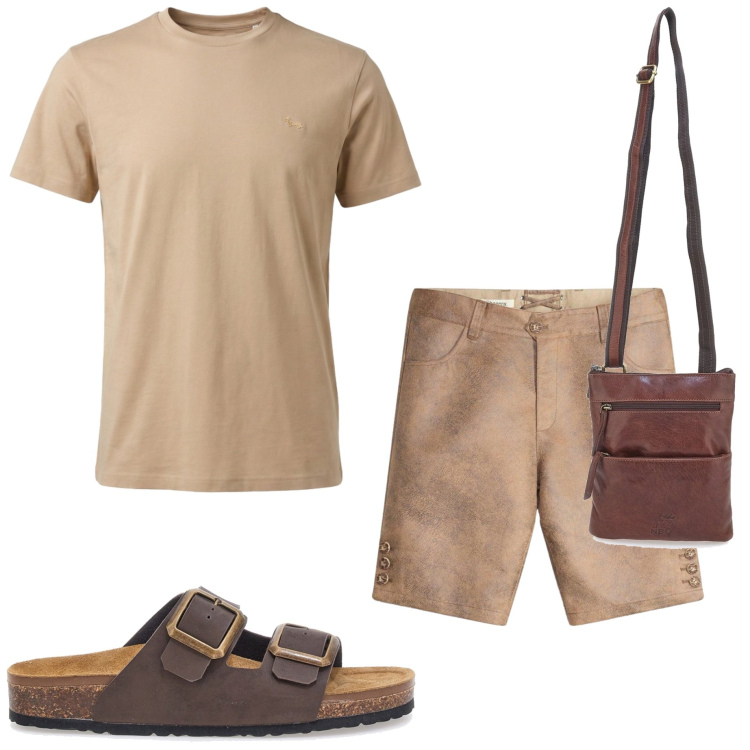 Outfit uomo - In vacanza. Stile Casual per Tutti i giorni. Abbinamento con bermuda, t-shirt, portafogli, sandali.