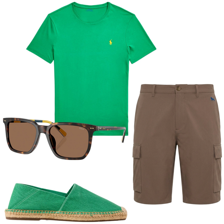 Outfit uomo - Colori accesi. Stile Casual per Mare. Abbinamento con bermuda, t-shirt, occhiali da sole, espadrillas.