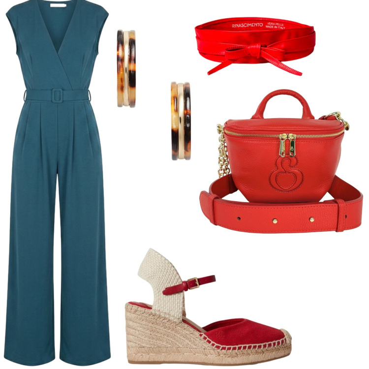 Outfit donna - Tuta nuova. Stile Rock per Tutti i giorni. Abbinamento con cinture, tute, zeppe, orecchini, borse a tracolla.