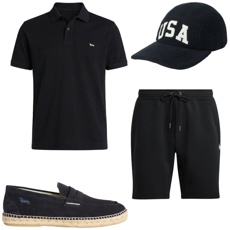 Outfit uomo - Total black. Stile Casual per Tutti i giorni. Abbinamento con polo, espadrillas, cappelli con visiera, bermuda.