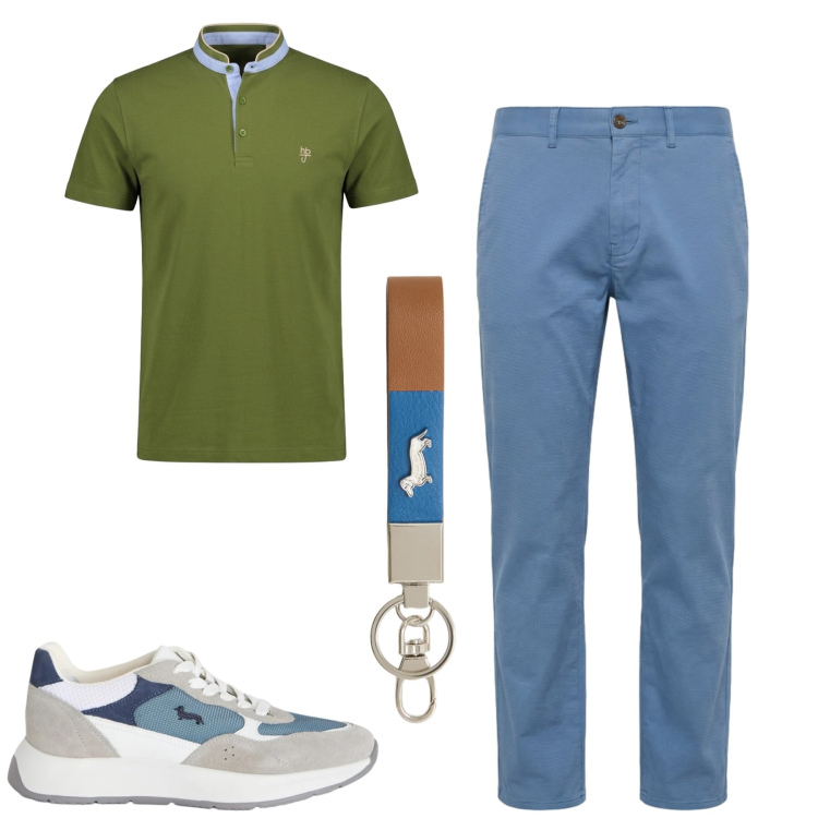 Outfit uomo - City. Stile Urban per Tutti i giorni. Abbinamento con portachiavi, sneakers, pantaloni, polo.