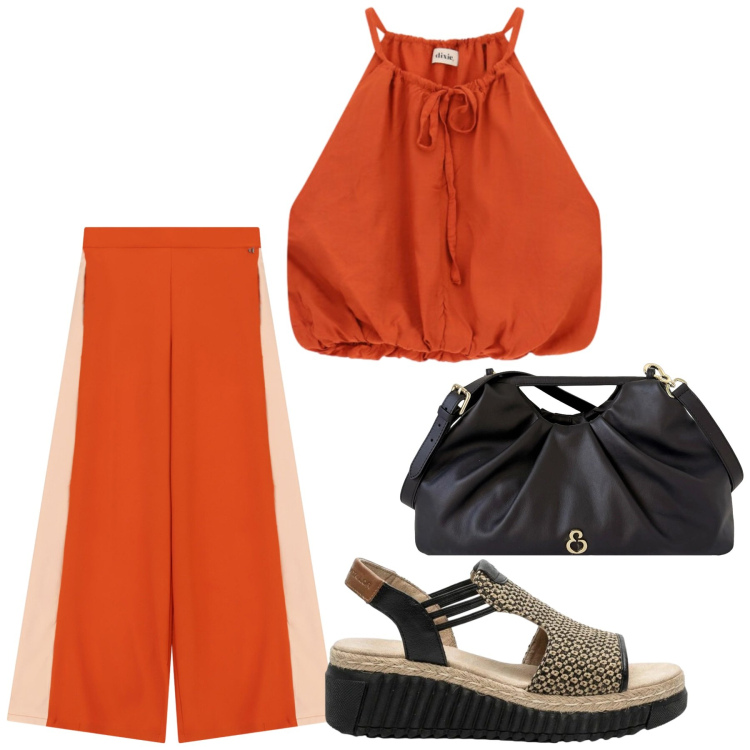 Outfit donna - Total look #2444786. Stile Glamour per Serata fuori. Abbinamento con sandali, top, pantaloni a palazzo, clutch.