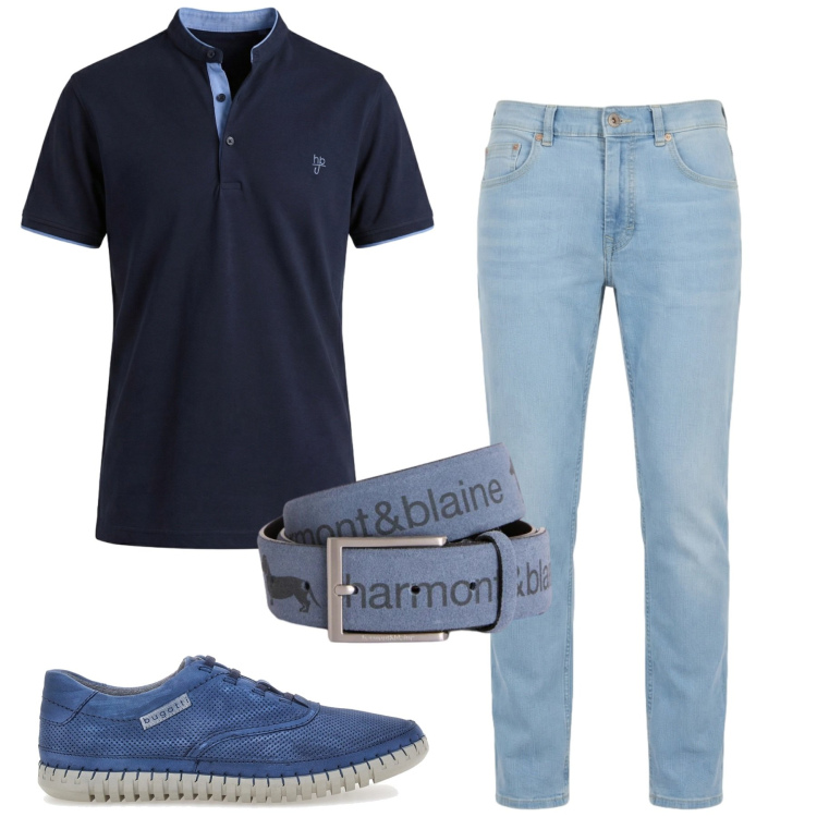 Outfit uomo - Agosto. Stile Casual per Tutti i giorni. Abbinamento con cinture, jeans, polo, scarpe stringate.