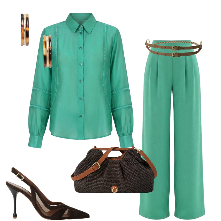 Outfit donna - Estate a pieni colori. Stile Chic per Cerimonia. Abbinamento con cinture, décolleté, pantaloni a palazzo, camicie, orecchini, clutch.