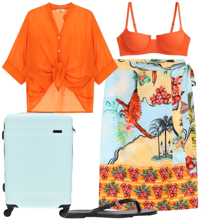 Outfit donna - Si parte. Stile Casual chic per Mare. Abbinamento con gonne longuette, camicie, ciabatte, bikini, valigie.
