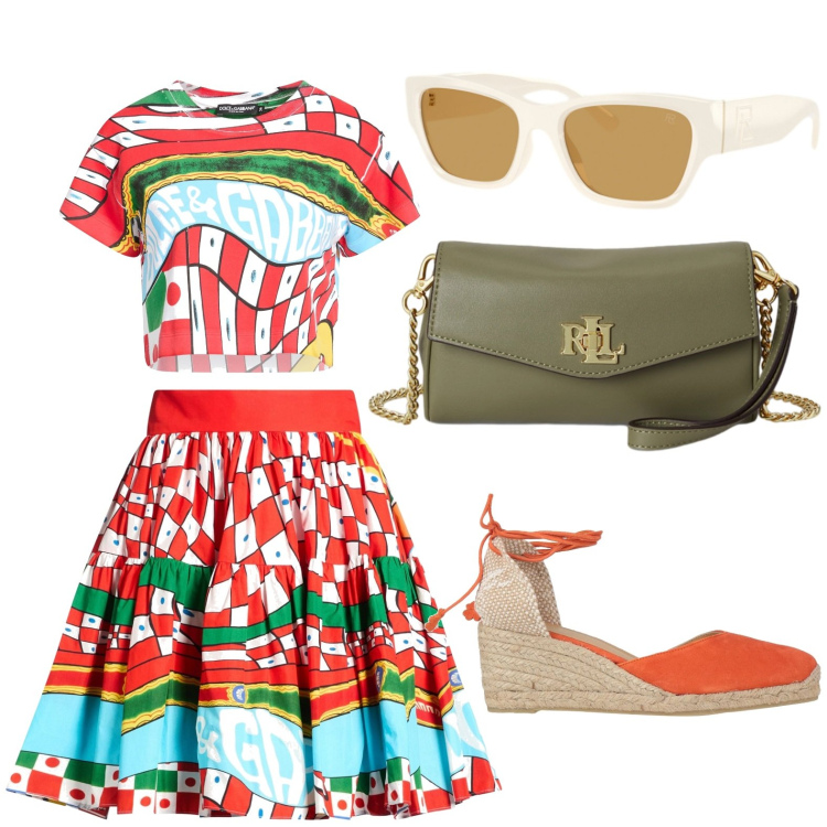 Outfit donna - Total look #2444793. Stile Chic per Tutti i giorni. Abbinamento con minigonne, t-shirt, espadrillas, occhiali da sole, portafogli.