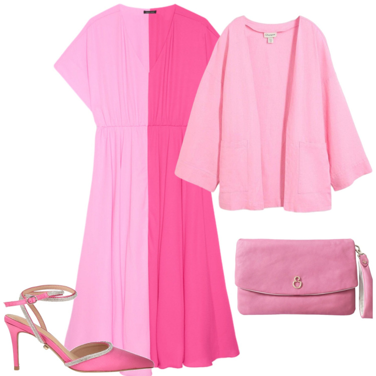 Outfit donna - Estate a pieni colori. Stile Chic per Serata fuori. Abbinamento con décolleté, kimono, vestiti lunghi, pochette.