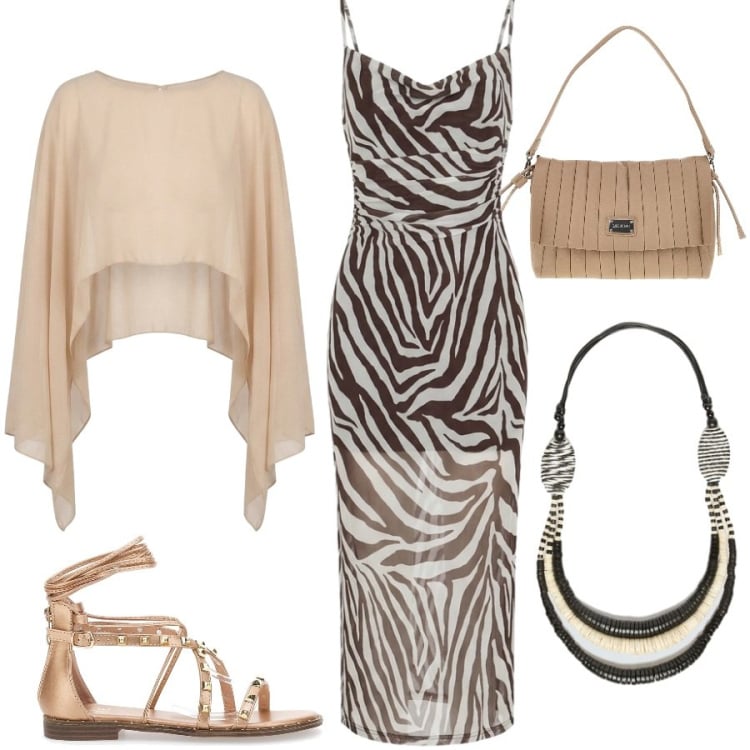 Outfit donna - Jungle style. Stile Glamour per Serata fuori. Abbinamento con vestiti lunghi, blazer, collane, sandali alla schiava, pochette.