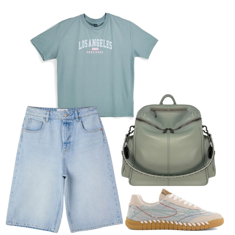 Outfit donna - Pranzo informale a Malibu. Stile Casual per Tutti i giorni. Abbinamento con bermuda, zaini, sneakers, t-shirt.