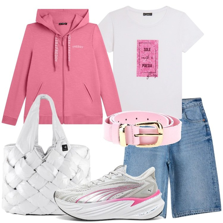 Outfit donna - Alpine Altitude. Stile Casual per Tutti i giorni. Abbinamento con bermuda, felpe con cappuccio, t-shirt, borse tote, cinture, scarpe sportive.