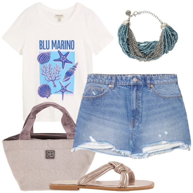 Outfit donna - Al mare. Stile Casual per Mare. Abbinamento con t-shirt, shorts, braccialetti, sandali, borse a mano.