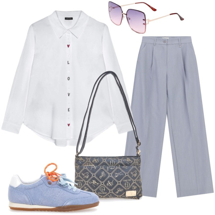 Outfit donna - Total look #2444806. Stile Casual chic per Ufficio. Abbinamento con occhiali da sole, pantaloni a palazzo, camicie, borse a tracolla, sneakers.