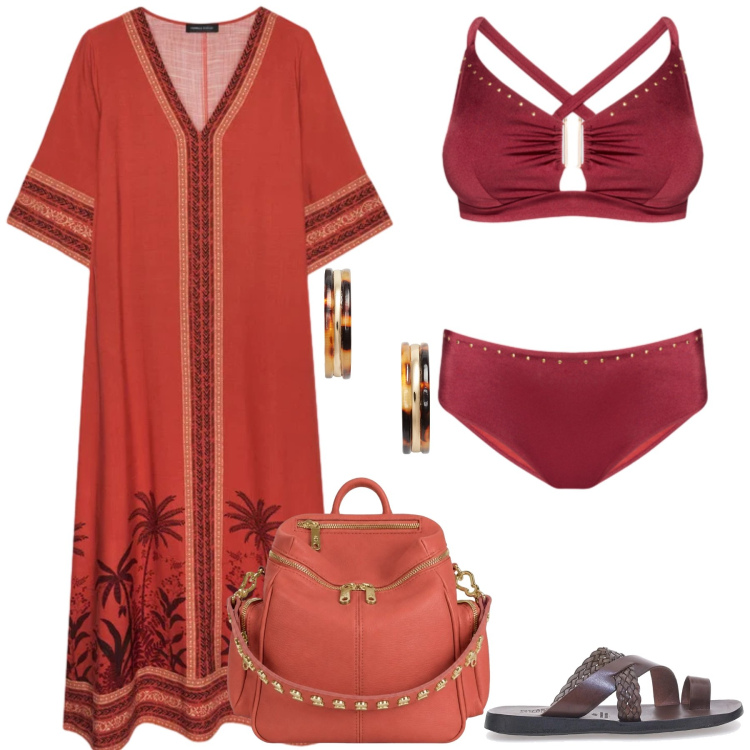Outfit donna - Total look #2444808. Stile Etnico per Mare. Abbinamento con bikini, caftani, orecchini, zaini, ciabatte.