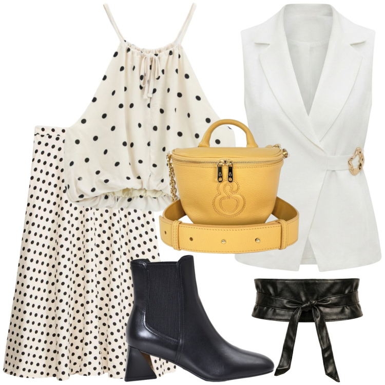 Outfit donna - Pois mania. Stile Trendy per Tutti i giorni. Abbinamento con gonne longuette, gilet, stivaletti, top, cinture, borse a tracolla.
