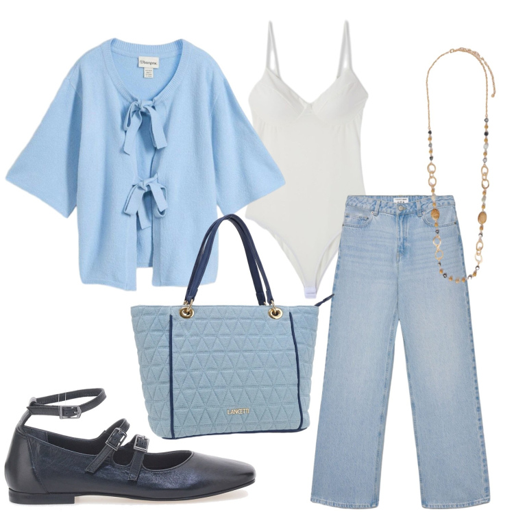 Outfit donna - Total look #2444818. Stile Basic per Tutti i giorni. Abbinamento con cardigans, jeans, body, collane, borse a spalla, ballerine.