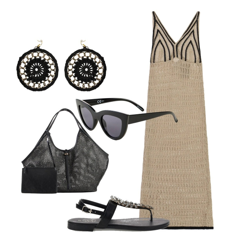 Outfit donna - Modalità vacanza. Stile Trendy per Mare. Abbinamento con shopping bag, occhiali da sole, vestiti midi/longuette, orecchini, sandali gioiello.