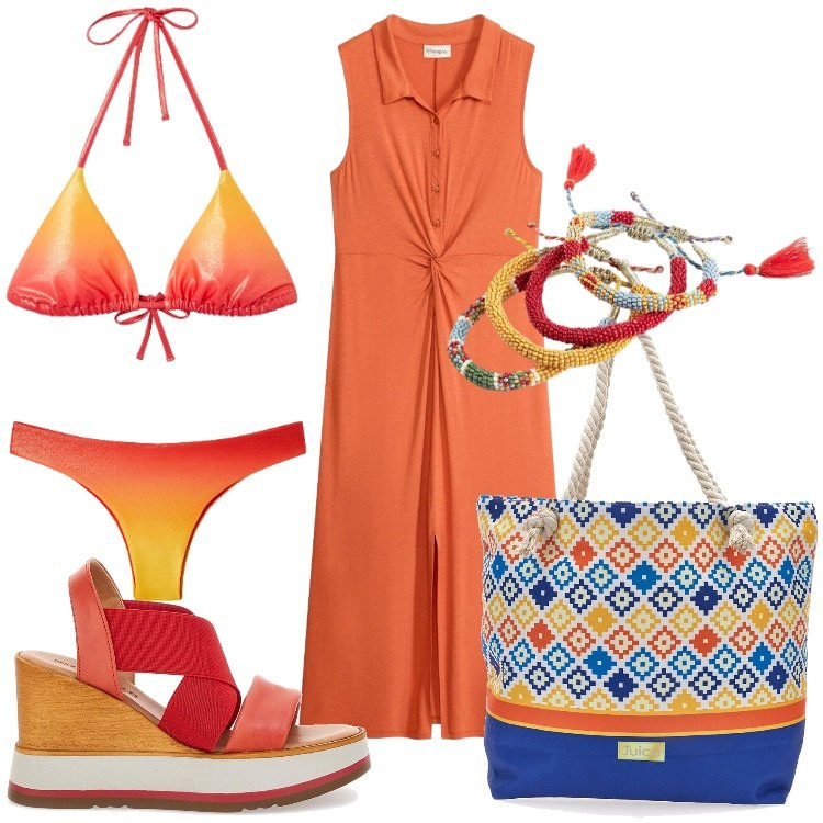 Outfit donna - Agosto di colore - @star67. Stile Trendy per Mare. Abbinamento con vestiti chemisier, braccialetti, bikini, bikini, shopping bag, sandali.