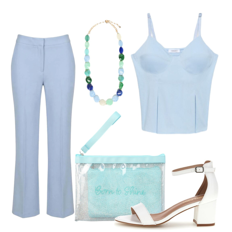 Outfit donna - Azzurro cielo. Stile Chic per Tutti i giorni. Abbinamento con canottiere, pochette, pantaloni, collane, sandali col tacco.