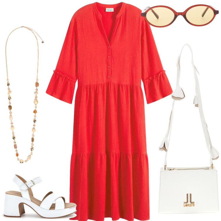 Outfit donna - Total look #2444844. Stile Casual chic per Tutti i giorni. Abbinamento con vestiti midi/longuette, occhiali da sole, collane, sandali col tacco, borse a tracolla.
