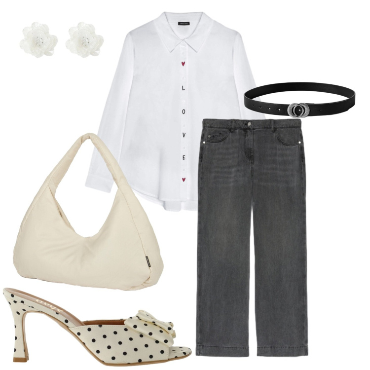 Outfit donna - Cena informale. Stile Casual chic per Tutti i giorni. Abbinamento con cinture, orecchini, sandali col tacco, camicie, jeans, borse a spalla.