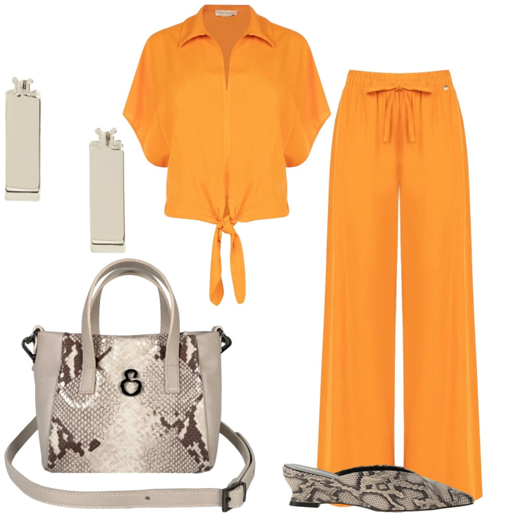 Outfit donna - Total look #2444852. Stile Casual chic per Tutti i giorni. Abbinamento con sabot, camicie a manica corta, pantaloni a palazzo, orecchini, borse a mano.