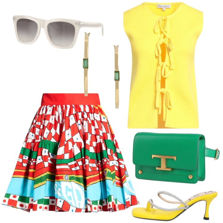 Outfit donna - Total look #2444856. Stile Preppy per Tutti i giorni. Abbinamento con minigonne, marsupi, cardigans, ciabatte, occhiali da sole, orecchini.