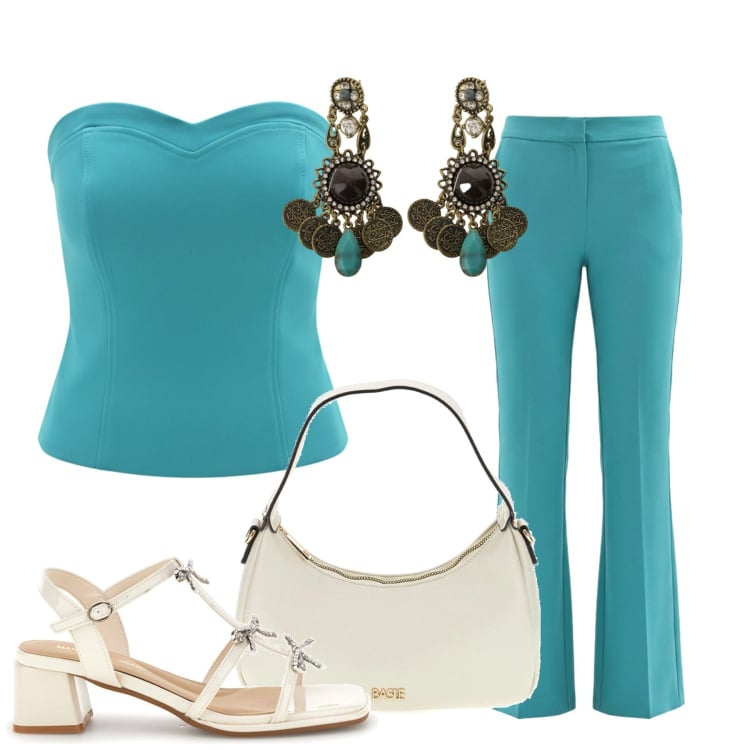 Outfit donna - Panna e ottanio. Stile Chic per Tutti i giorni. Abbinamento con orecchini, top, pantaloni a palazzo, sandali col tacco, borse a tracolla.