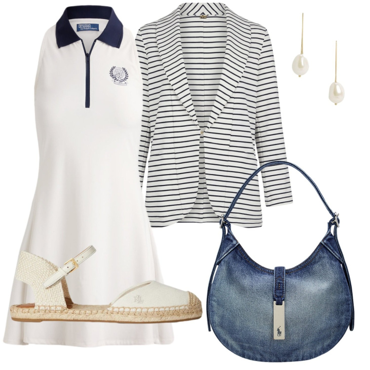 Outfit donna - In Riviera. Stile Casual chic per Tutti i giorni. Abbinamento con blazer, borse a spalla, espadrillas, orecchini, vestiti.