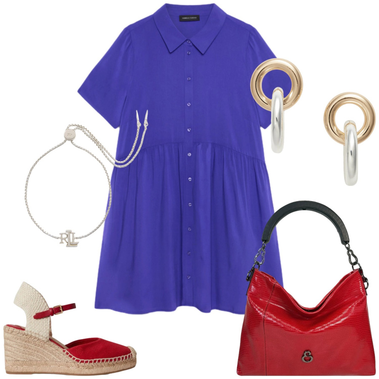 Outfit donna - Total look #2444872. Stile Casual chic per Tutti i giorni. Abbinamento con vestiti corti, zeppe, orecchini, braccialetti, borse a mano.