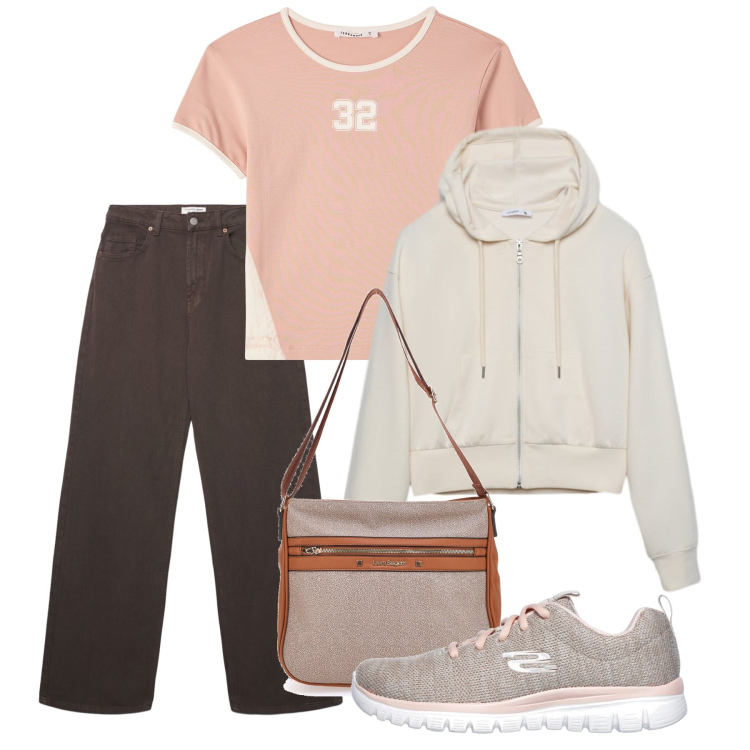 Outfit donna - Alpine Altitude. Stile Basic per Tutti i giorni. Abbinamento con felpe con cappuccio, jeans, t-shirt, scarpe sportive, borse a tracolla.