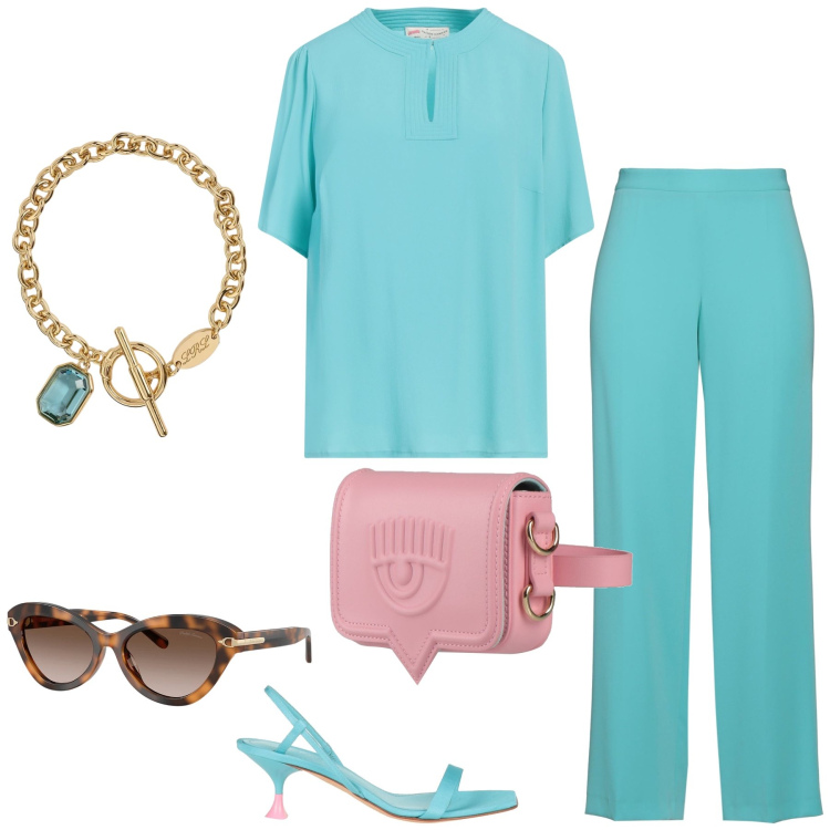 Outfit donna - Total look #2444876. Stile Chic per Tutti i giorni. Abbinamento con marsupi, top, sandali in pelle, pantaloni, occhiali da sole, braccialetti.