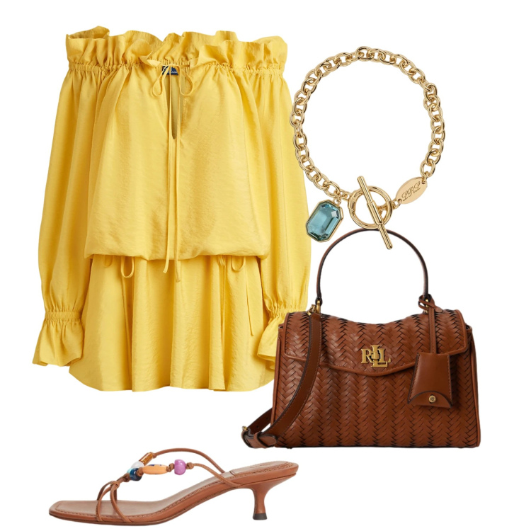Outfit donna - Agosto. Stile Chic per Tutti i giorni. Abbinamento con vestiti, sandali gioiello, borse a mano, braccialetti.