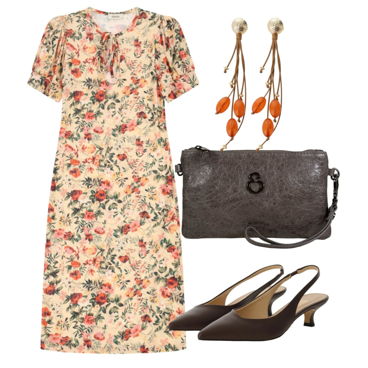 Outfit donna - Fiori in agosto. Stile Romantica per Tutti i giorni. Abbinamento con décolleté, vestiti midi/longuette, orecchini, pochette.