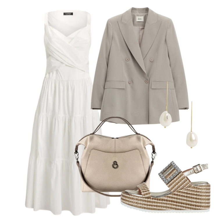 Outfit donna - Doppiopetto romantico. Stile Chic per Tutti i giorni. Abbinamento con sandali in pelle, blazer, vestiti senza maniche, orecchini, borse a mano.