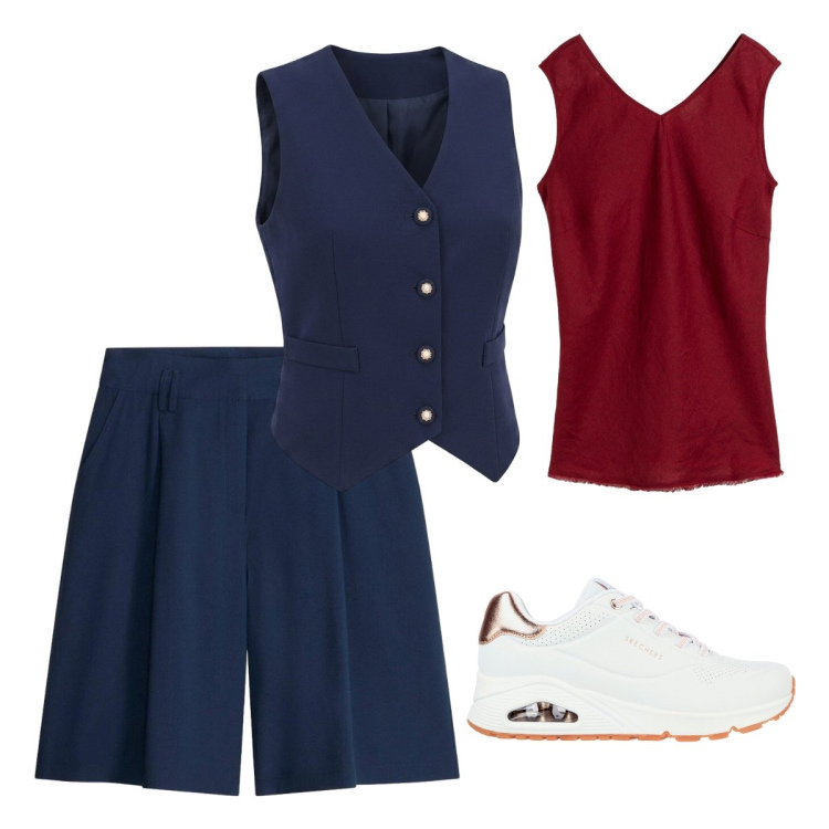 Outfit donna - Una milanese in ufficio. Stile Mannish per Ufficio. Abbinamento con bermuda, canottiere, gilet, sneakers.