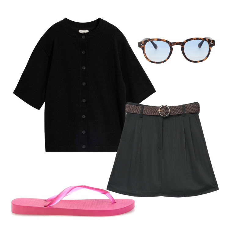Outfit donna - Agosto. Stile Minimal per Tutti i giorni. Abbinamento con cardigans, bermuda, occhiali da sole, infradito.