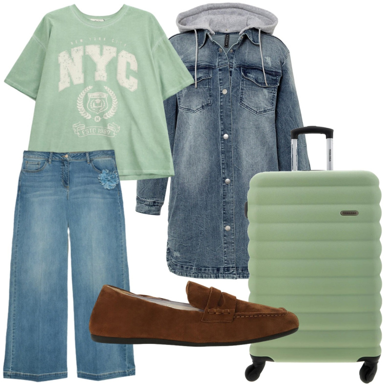 Outfit donna - Mood vacanza. Stile Urban per Tutti i giorni. Abbinamento con blazer, t-shirt, mocassini, jeans, valigie.