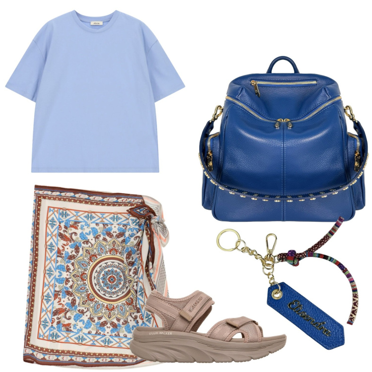 Outfit donna - Passeggio glam. Stile Basic per Tutti i giorni. Abbinamento con minigonne, t-shirt, zaini, portachiavi, sandali.