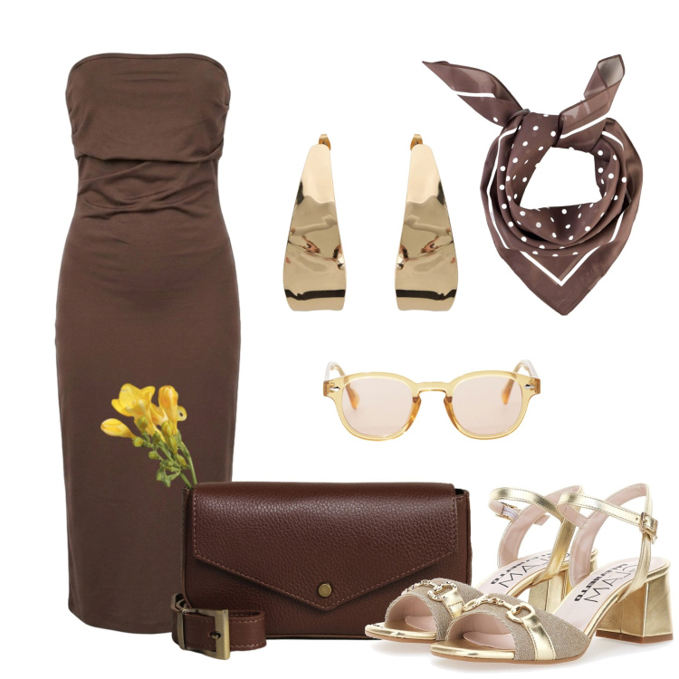 Outfit donna - Happy hour. Stile Chic per Tutti i giorni. Abbinamento con foulard, borse a tracolla, orecchini, occhiali da sole, vestiti midi/longuette, sandali col tacco.