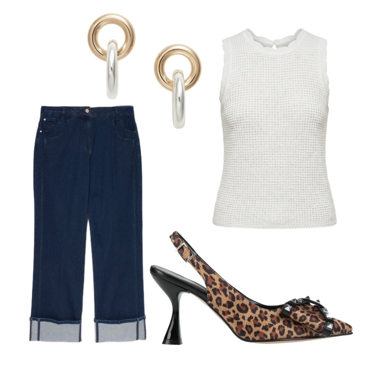 Outfit donna - Agosto. Stile Basic per Tutti i giorni. Abbinamento con décolleté, canottiere, jeans dritti, orecchini.