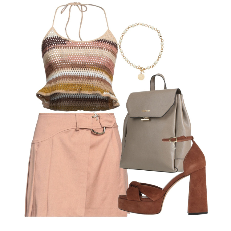 Outfit donna - Agosto. Stile Chic per Tutti i giorni. Abbinamento con top, sandali in pelle, zaini, minigonne, collane.