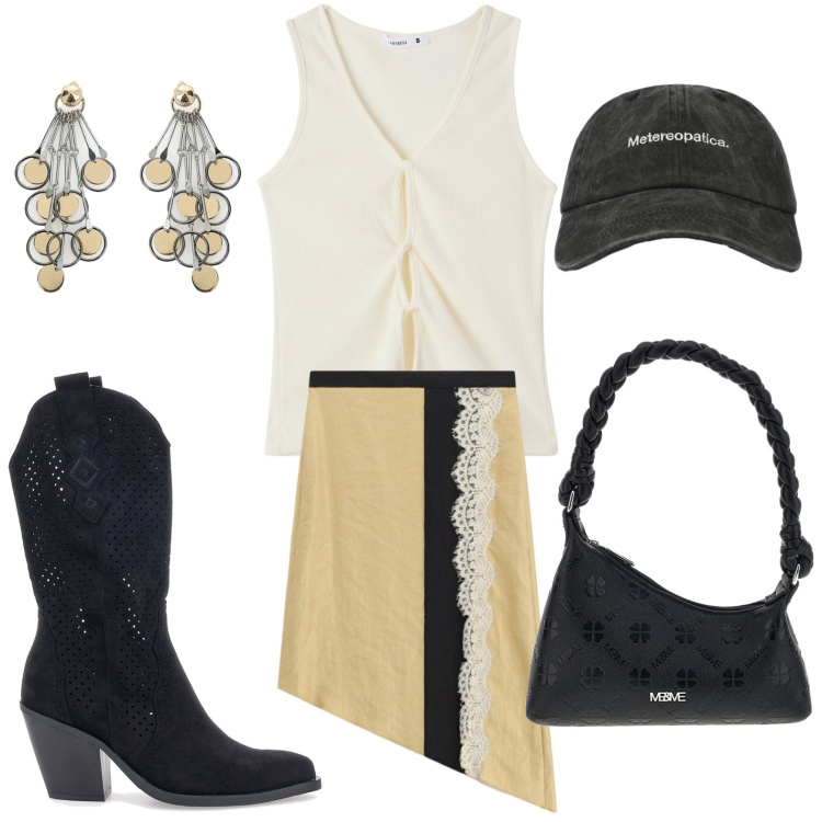 Outfit donna - Favola urbana. Stile Casual per Tutti i giorni. Abbinamento con canottiere, cappelli con visiera, gonne longuette, orecchini, stivaletti texani, borse a spalla.