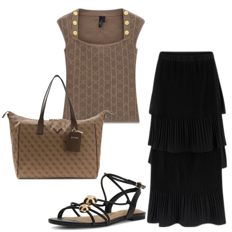 Outfit mujer - Casual chic. Estilo Casual chic para Todos los días. Combinación con faldas largas, bolso shopper, top, sandalias de piel.