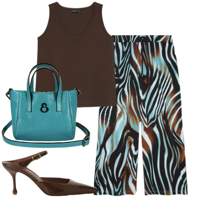 Outfit donna - Agosto. Stile Casual chic per Tutti i giorni. Abbinamento con décolleté, pantaloni a palazzo, canottiere, borse a mano.